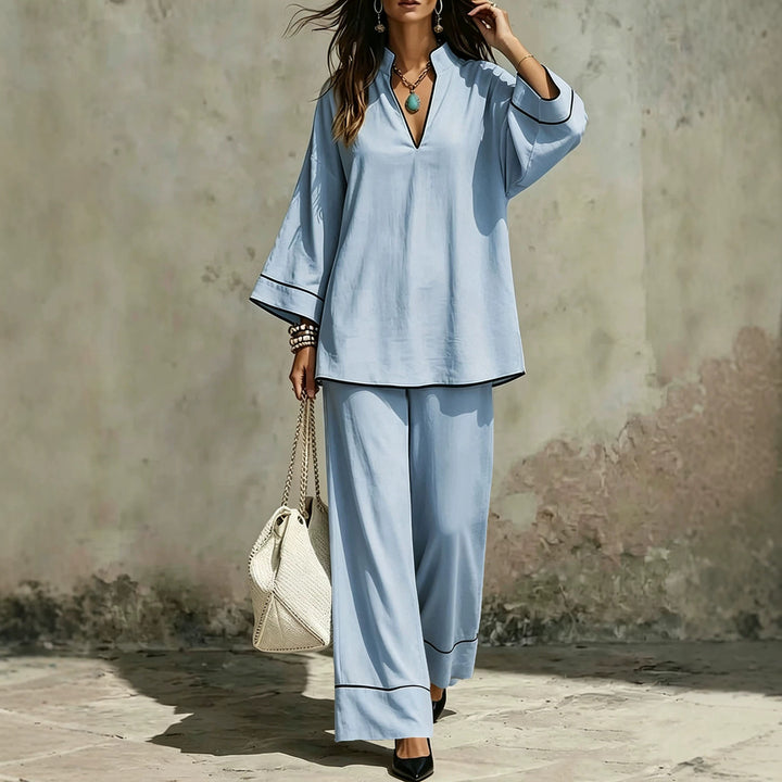 Damen Lässiges zweiteiliges Leinenoptik-Loungewear-Set mit Stehkragen, V-Ausschnitt und weitem Beinschnitt Echoarchiv