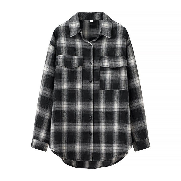 Damen Oversize‑Karo‑Hemdbluse mit aufgesetzten Brusttaschen und abgerundetem Saum Echo Archiv