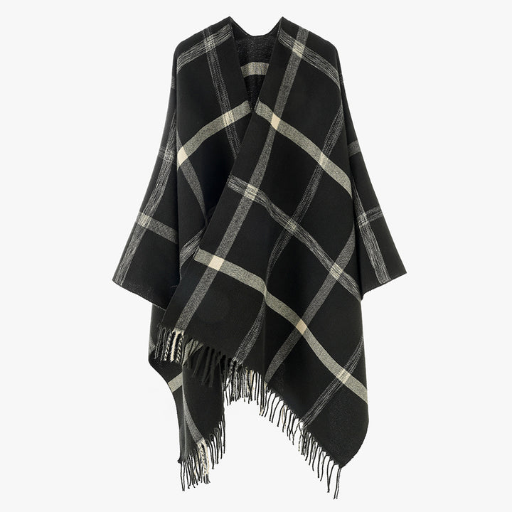 Damen Weit geschnittener Karierter Poncho mit Fransen und V‑Ausschnitt – Avérine