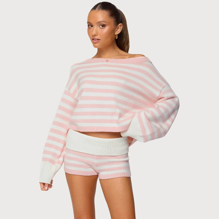 Damen nan kurz geschnittener Off-Shoulder Cropped Strickpullover mit weitem Fledermausärmel Echo Archiv
