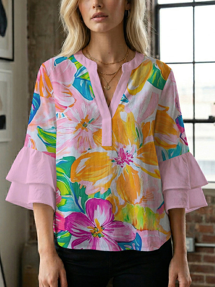 Damen Bluse mit voluminösen Rüschenärmeln und floralem Muster Echo Archiv