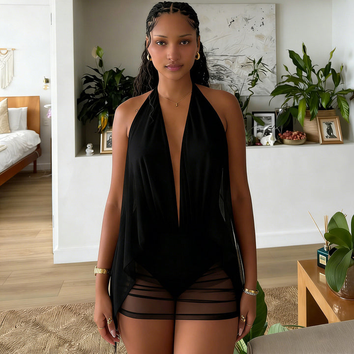 Damen kurzes lässiges Strandkleid mit tiefem V-Ausschnitt und fließender Silhouette Echo Archiv