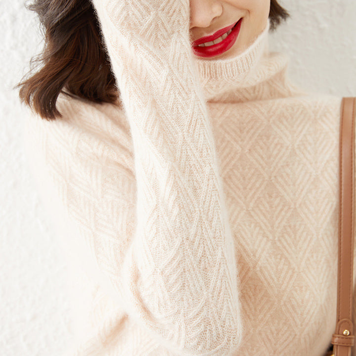 Damen Luxuriöser Mohair‑Mix Rollkragenpullover mit diamantgewEchoarchivter Ajourstruktur Echoarchiv