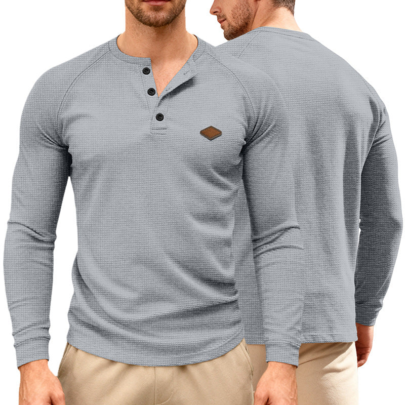 Herren nan Waffelstrick-Henley Langarmshirt mit Raglanärmeln, Halbknopfleiste und Lederlabel Echo Archiv