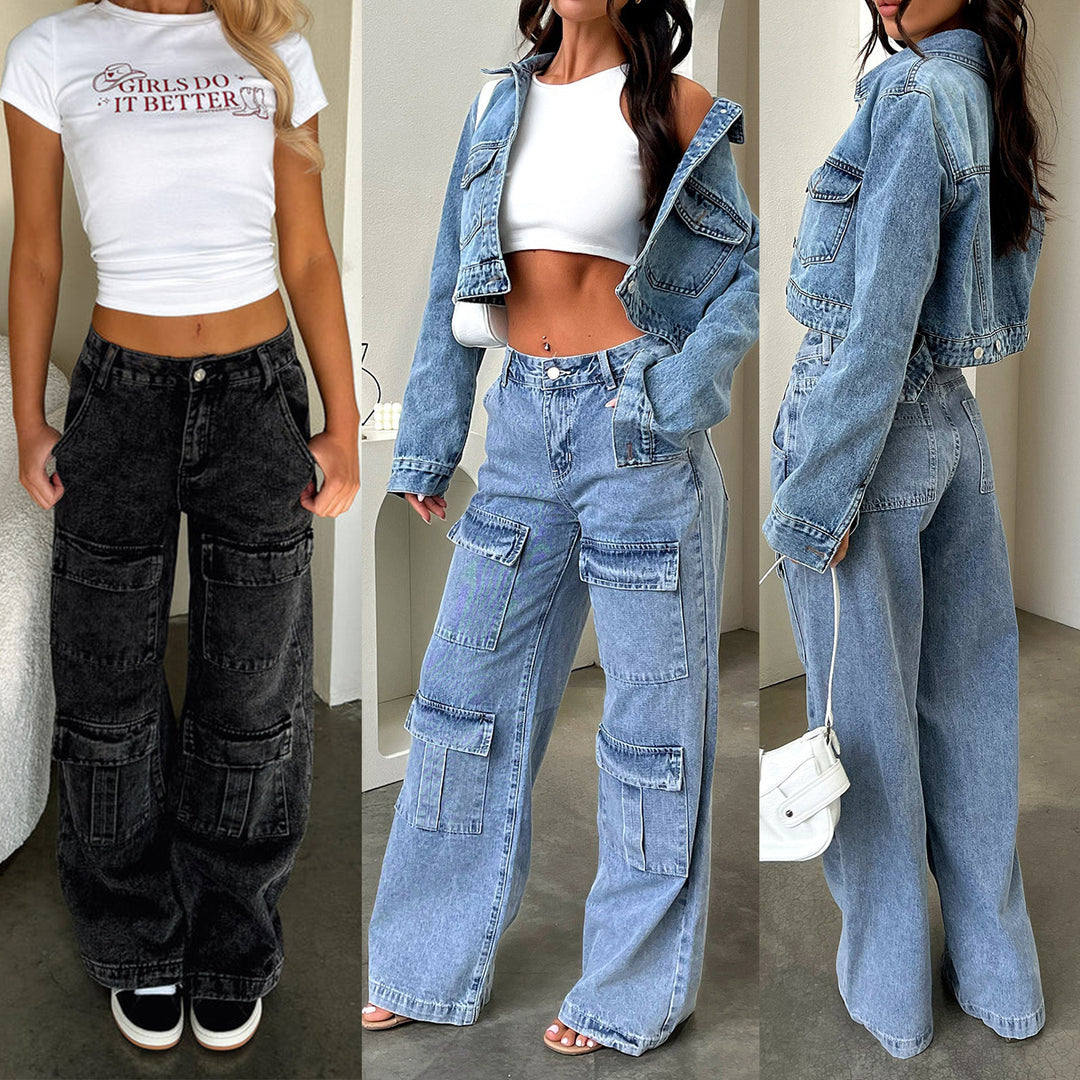Damen nan High‑Waist Utility-Denimhose mit aufgesetzten Knie-Patches, Cargo‑Taschen und weitem Schlag Echo Archiv