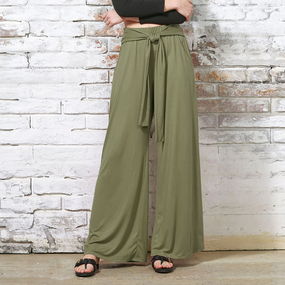 Damen Hochtaillierte Weite Palazzo-Hose mit Selbstbindendem Taillenbund und Seitentaschen – Avélisse
