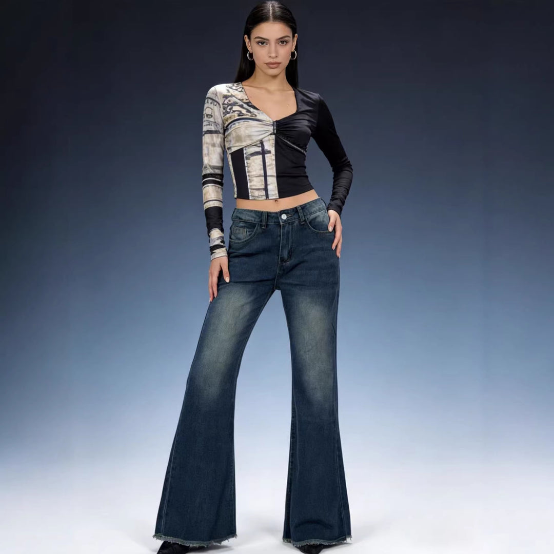 Damen nan hochgeschnittene Stretch-Flared-Jeans mit ausgefranstem Saum und taillierendem Five‑Pocket-Schnitt Echo Archiv