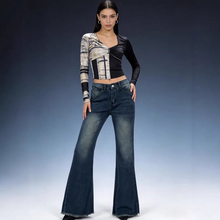 Damen nan hochgeschnittene Stretch-Flared-Jeans mit ausgefranstem Saum und taillierendem Five‑Pocket-Schnitt Echo Archiv