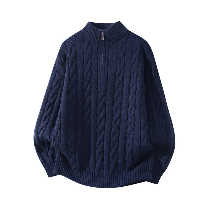 Damen Oversize Zopfmuster-Halbreißverschluss-Pullover mit Ballonärmeln und Stehkragen Echoarchiv
