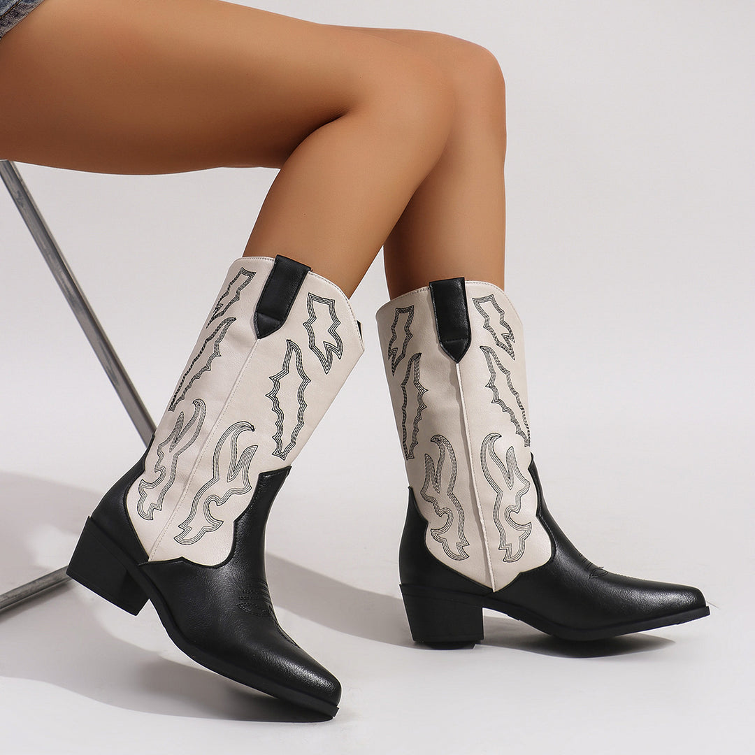 Damen nan Cowboystiefel im Westernstil mit mittelhohem Blockabsatz spitzer Zehenkappe und dekorativer Stickerei Echo Archiv