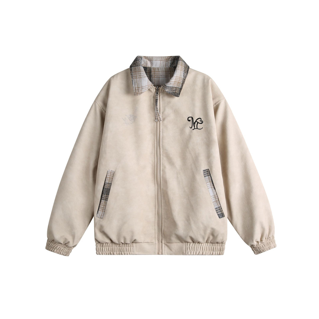 Damen Kurz geschnittene Boxy‑Jacke aus Wildleder‑Optik mit kariertem Kragen und elastischem Saum Echoarchiv
