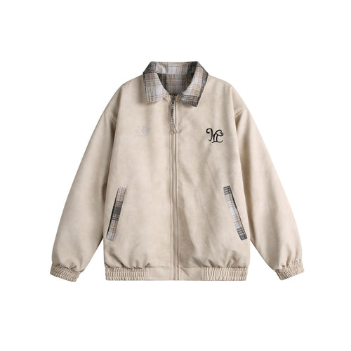 Damen Kurz geschnittene Boxy‑Jacke aus Wildleder‑Optik mit kariertem Kragen und elastischem Saum Echoarchiv