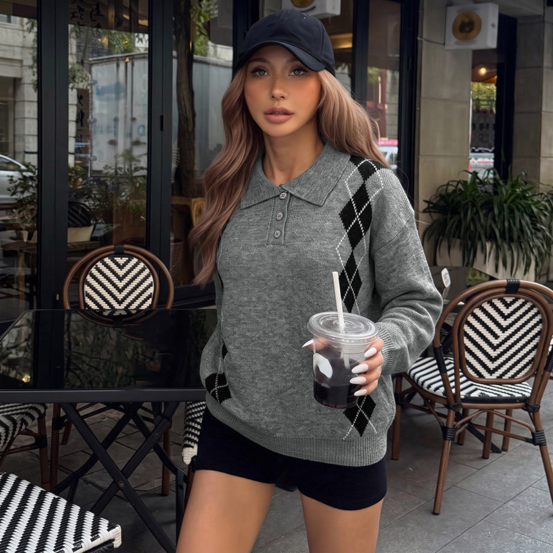 Damen Eleganter Strickpullover mit Polo-Kragen und Rautenmuster Echo Archiv