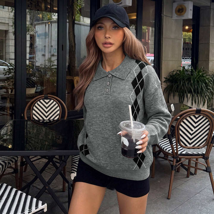 Damen Eleganter Strickpullover mit Polo-Kragen und Rautenmuster Echo Archiv