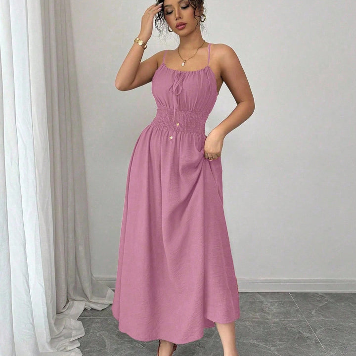 Damen Midikleid mit Smokbund, Spaghettiträgern und Bindekordel Echo Archiv