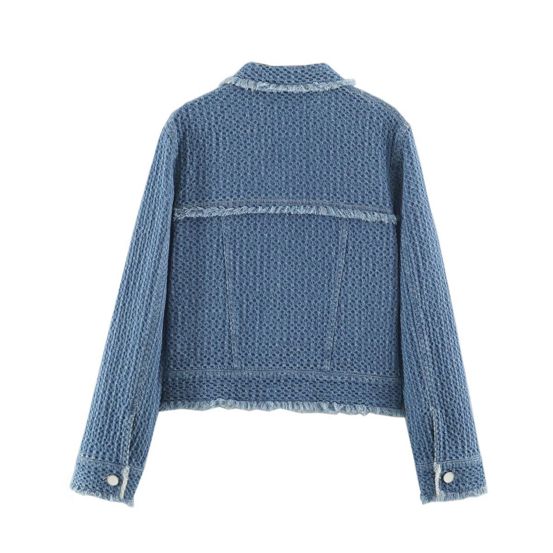Damen Kurz geschnittene Bouclé-Tweed-Boxy-Jacke mit Fransenbesatz und aufgesetzten Klappentaschen Echo Archiv