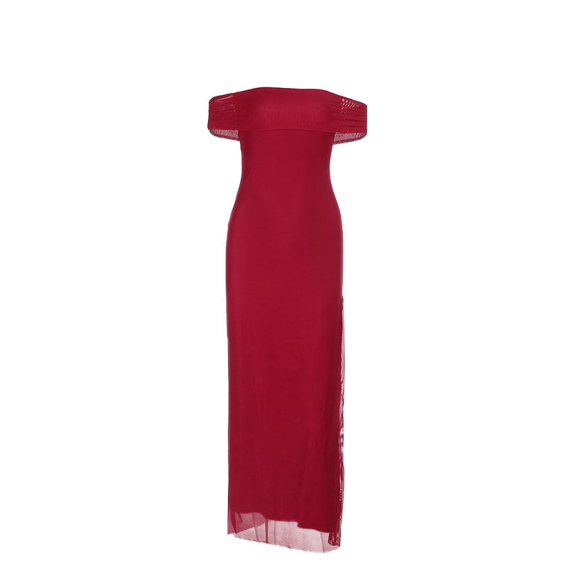 Damen elegantes schulterfreies Maxikleid mit fließendem Stoff und raffinierter Drapierung Echo Archiv