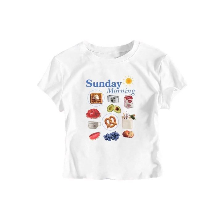 Damen T-Shirt mit kreativem Frühstücksmotiv und modernem Schriftzug Echo Archiv