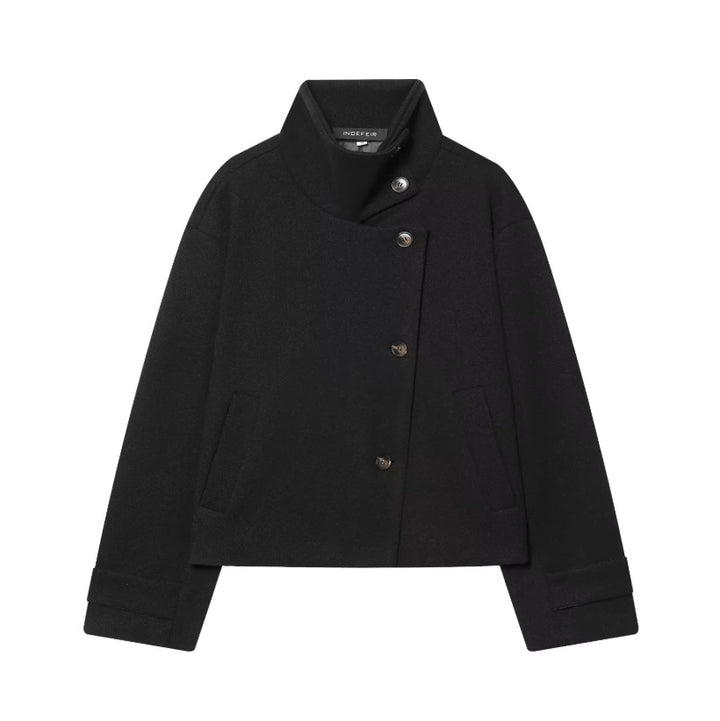 Damen Cropped Wollmix-Kurzjacke mit hohem Stehkragen, asymmetrischer Knopfleiste und Krempelmanschetten Echoarchiv
