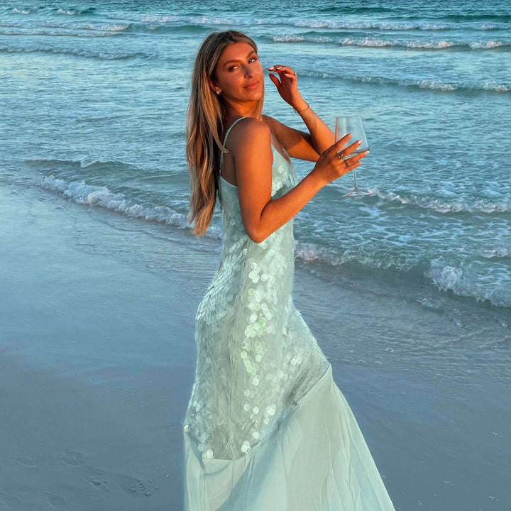 Damen schimmerndes ärmelloses Maxikleid mit funkelnden Pailletten Echo Archiv