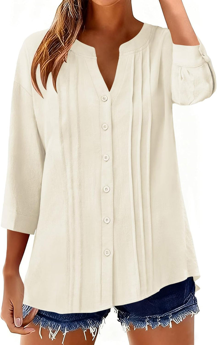 Damen Lockeres Tunikashirt mit Kellerfalten und dreiviertel Ärmeln Echo Archiv