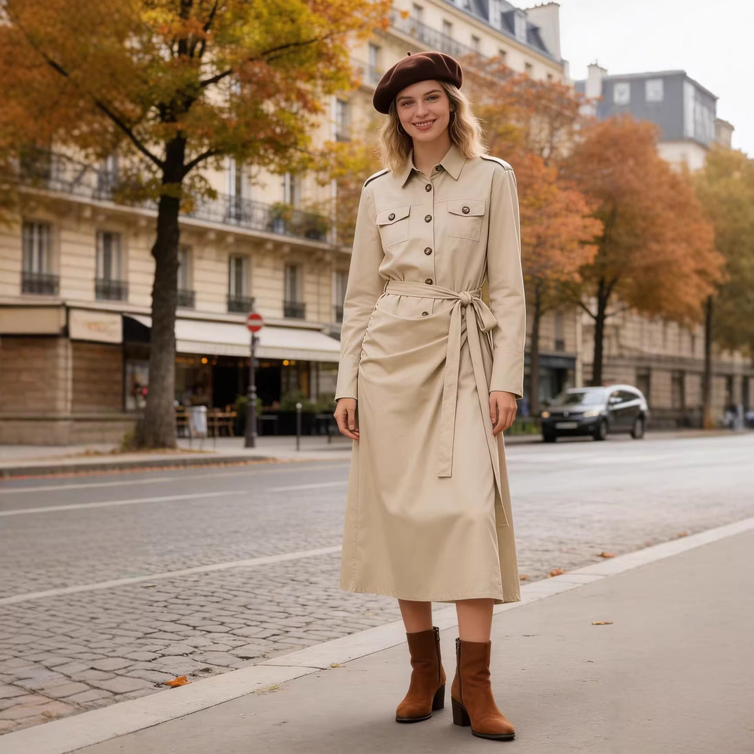 Damen Hemdblusenkleid mit Knotenbindegürtel, Pattentaschen und schmaler Taille Echo Archiv