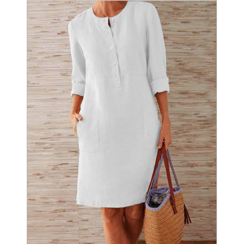 Damen Locker geschnittenes Leinenoptik-Kleid mit dreiviertel-Ärmeln, Knopfleiste und Eingrifftaschen Echo Archiv