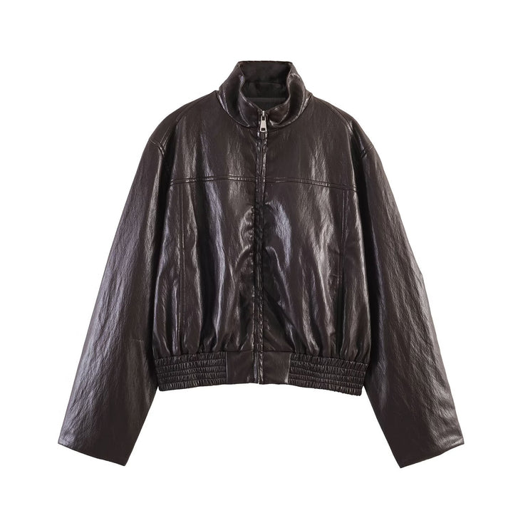 Damen Oversized Bomberjacke in Lederoptik mit hohem Stehkragen und gerafftem Taillenbund Echo Archiv