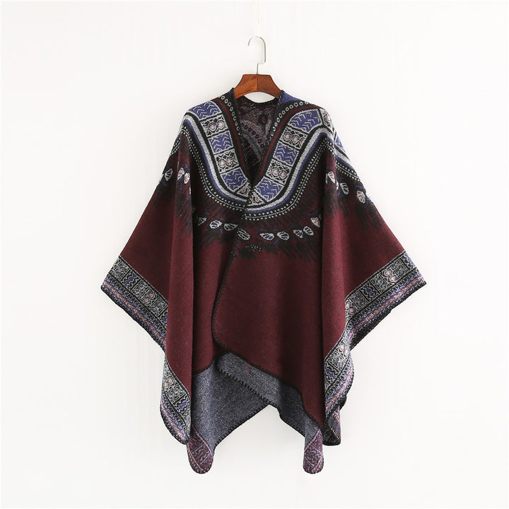Damen Oversize-Poncho im Ethno-Jacquard mit V-Ausschnitt und strukturiertem Saum Echo Archiv