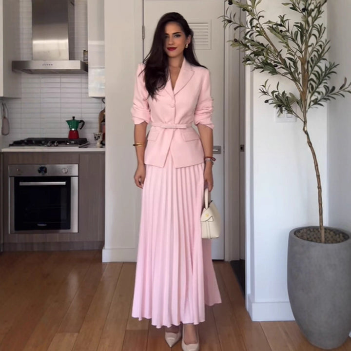 Damen Tailliertes Blazer‑und Midirock‑Set mit Plissee‑Rock & Bindegürtel Echoarchiv