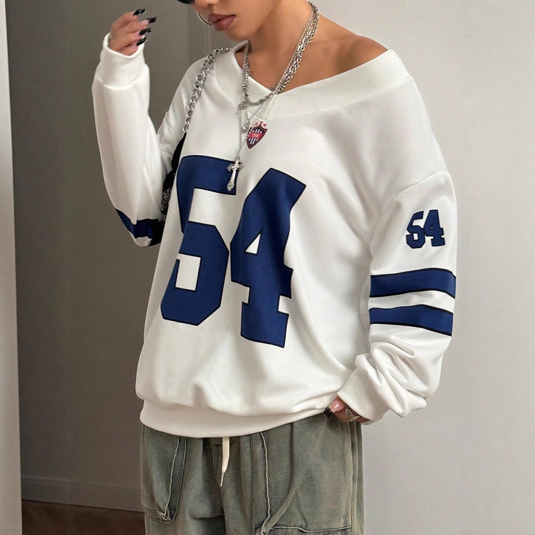 Damen Lockeres College-Sweatshirt im Off-Shoulder-Look mit großem Nummernprint – Avérine