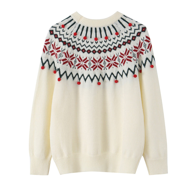 Damen nan Norwegerpullover mit Rundhalsausschnitt, jacquardgestricktem Muster und dekorativen Bommelapplikationen Echo Archiv