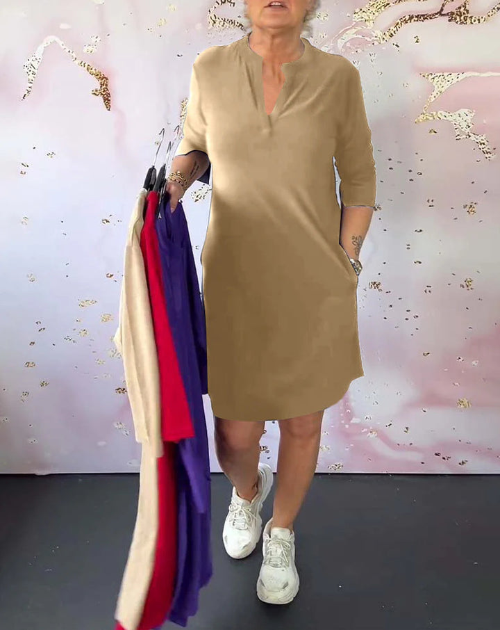 Damen nan knielanges legeres Jerseykleid mit Stehkragen und V-Ausschnitt Echo Archiv