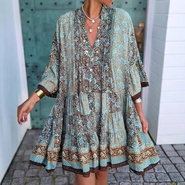 Damen nan luftiges Boho-Stufenkleid mit V-Ausschnitt weiten Fledermausärmeln und Spitzenbordüre Echo Archiv