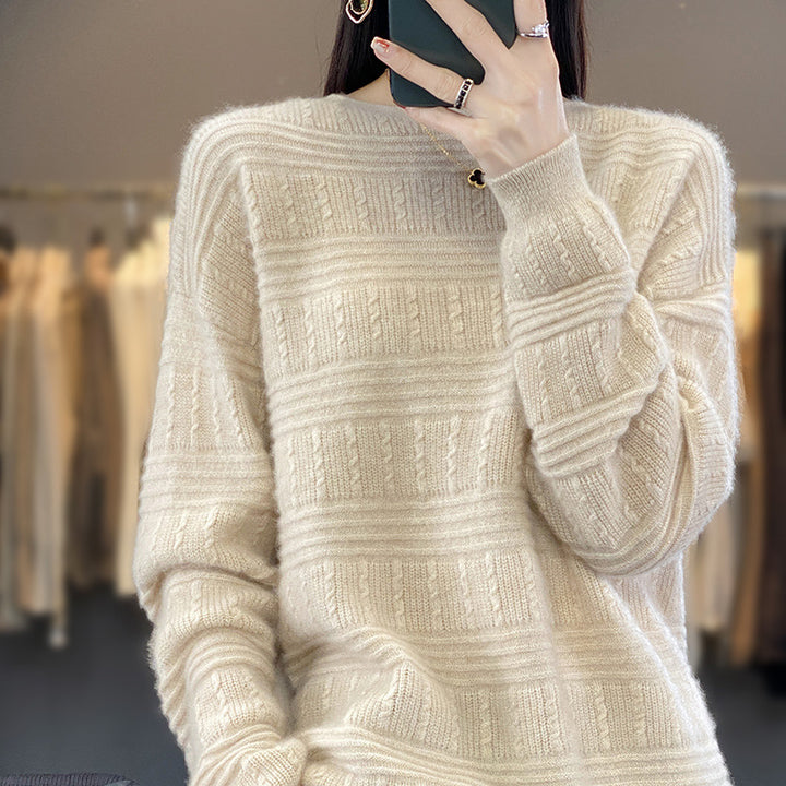 Damen Oversize-Feinstrickpullover mit Strukturblöcken, Mohair‑Look und Rundhalsausschnitt Echoarchiv