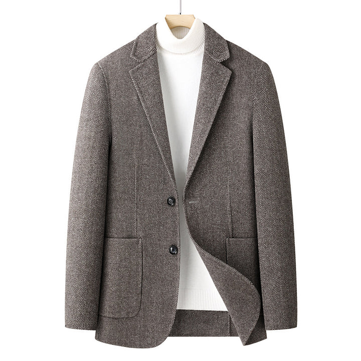 Herren Fischgrät-Wollblazer mit Reverskragen und aufgesetzten Taschen Echoarchiv