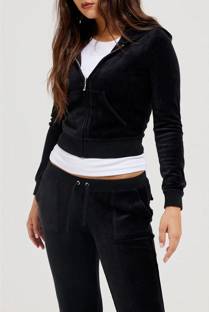 Damen Samtvelours Cropped-Zipjacke mit Kängurutasche und hochgeschnittener Bündchenhose – Auréline