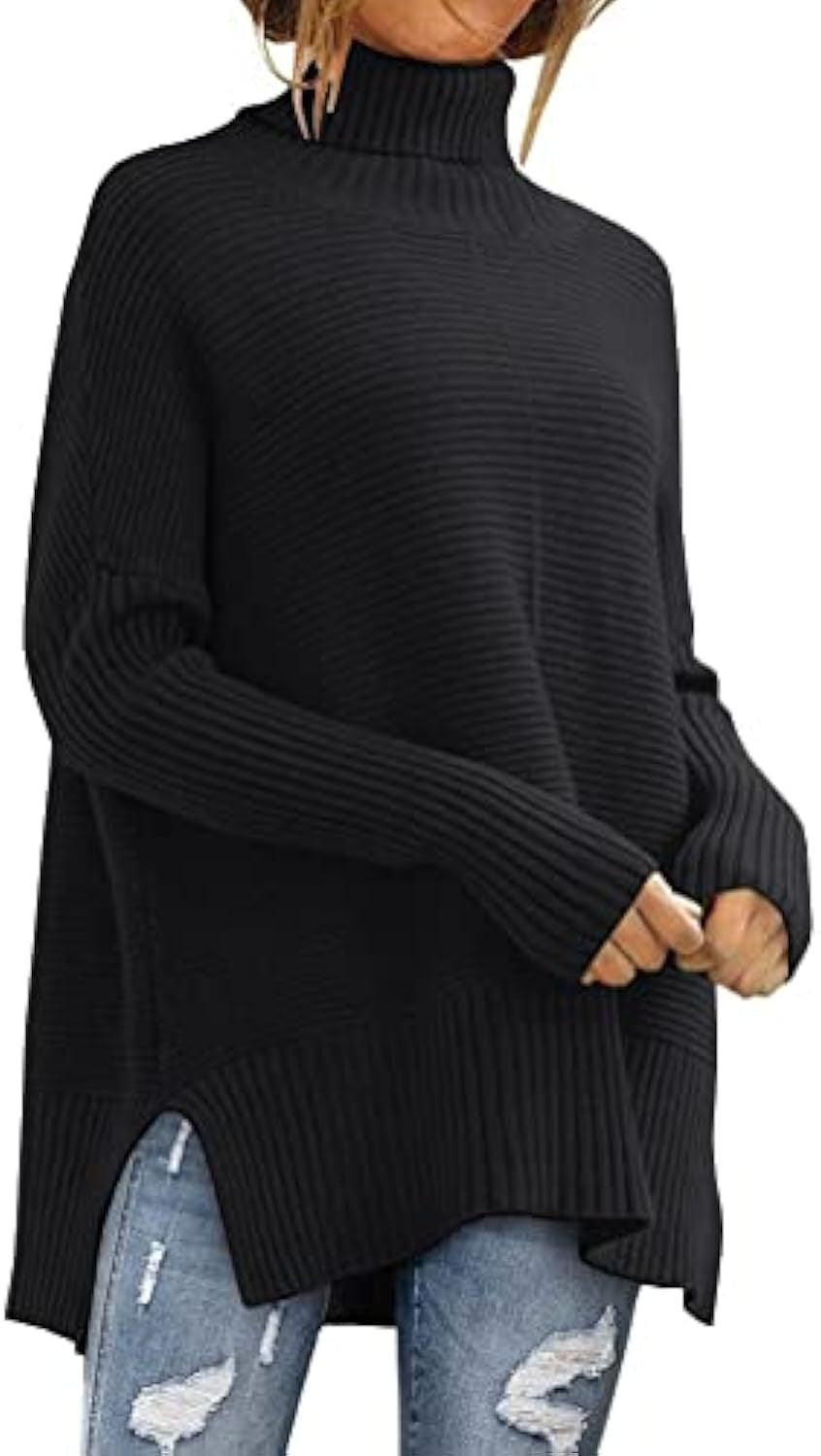 Damen Oversize-Rippenstrick Rollkragenpullover mit Seitenschlitzen und verlängertem Saum – Mavelle