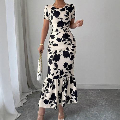 Damen Elegantes figurbetontes Kleid mit Rüschen-Saum und floralem Muster Echo Archiv