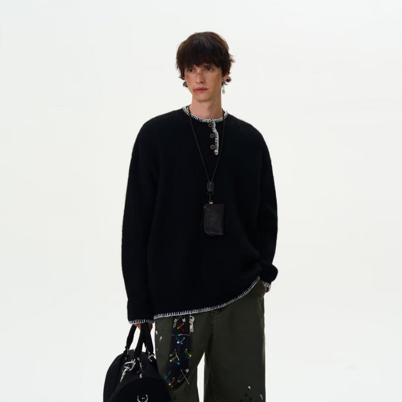 Herren Grobstrick-Henley-Pullover mit Bouclé-Optik und kontrastierten Bündchen Echoarchiv