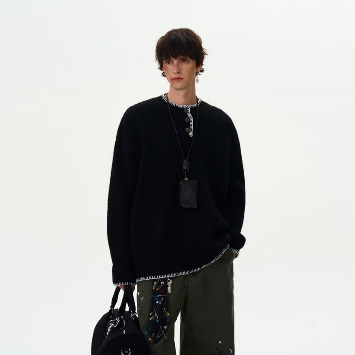 Herren Grobstrick-Henley-Pullover mit Bouclé-Optik und kontrastierten Bündchen Echoarchiv