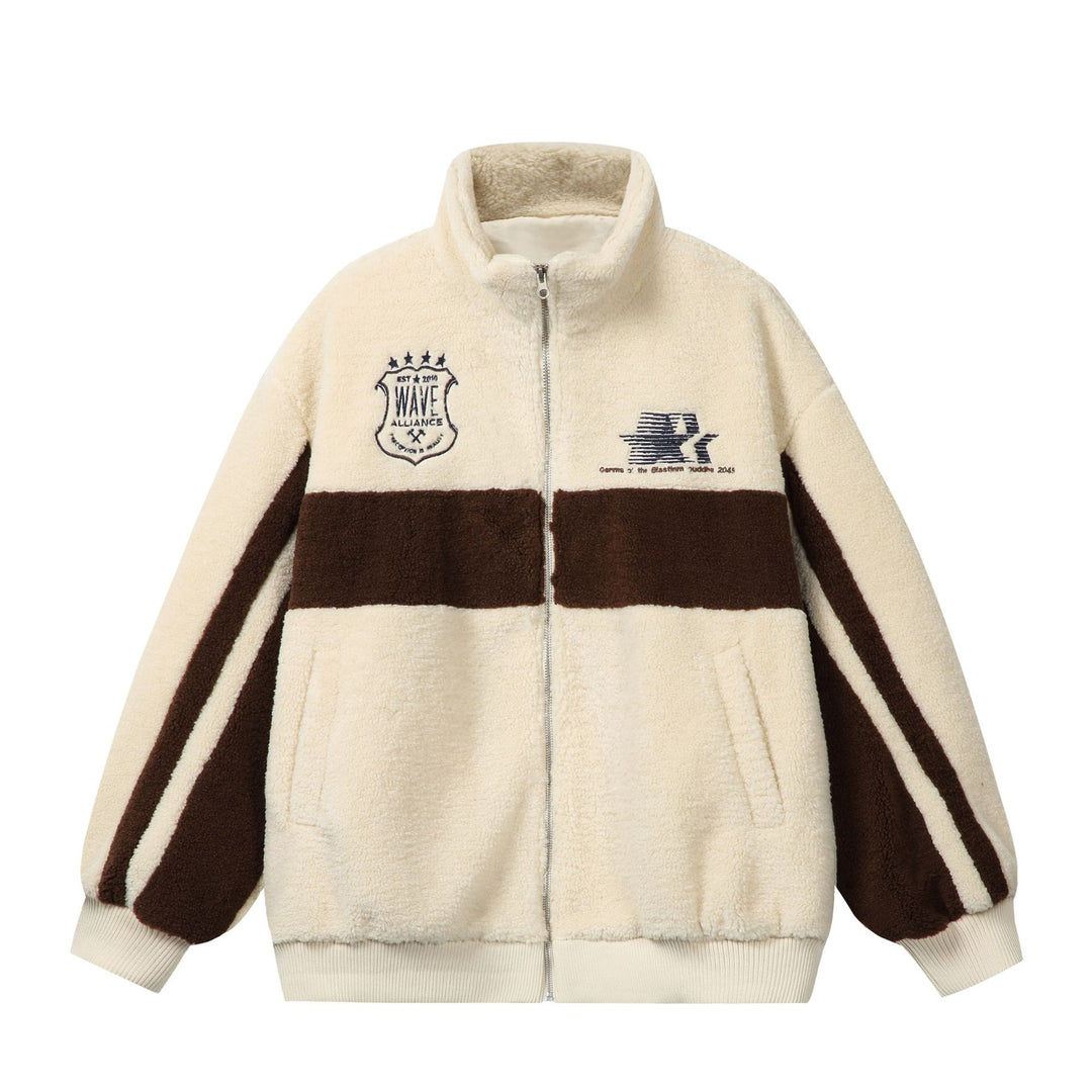 Unisex Sherpa‑Fleecejacke im Boxy‑Cut mit Stehkragen, Blockstreifen und Stickdetails Echoarchiv