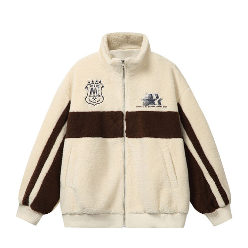 Unisex Sherpa‑Fleecejacke im Boxy‑Cut mit Stehkragen, Blockstreifen und Stickdetails Echoarchiv