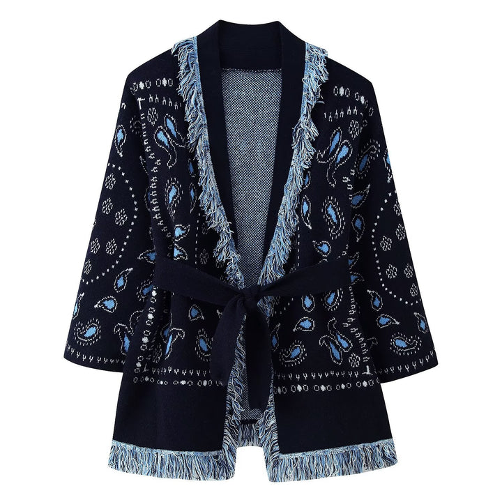 Damen Fransen-Strickjacke mit Paisley-Jacquard, Taillengürtel und offener Kimono-Silhouette Echo Archiv