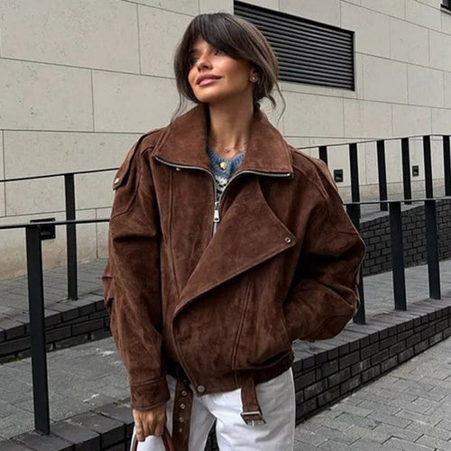 Damen nan oversized Velours-Bikerjacke mit Stehkragen, Schulterklappen und taillierbarem Hüftgürtel Echo Archiv