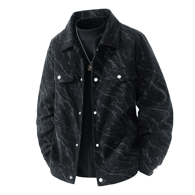 Men's marbled corduroy snap-front collared trucker jacket with chest flap pockets – Taviero