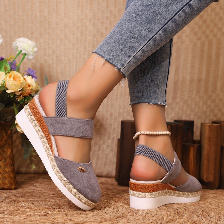 Damen  Espadrille-Keilpantoletten mit elastischem Fersenriemen, Veloursoptik-Obermaterial und geflochtenem Jute-Plateau Echo Archiv