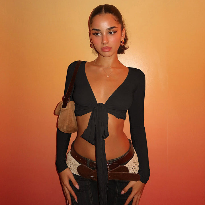 Damen Crop-Top mit verspieltem Bindeband und langen Ärmeln Echo Archiv