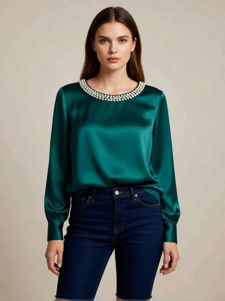 Damen elegante satinierte Bluse mit Perlenkragen Echo Archiv