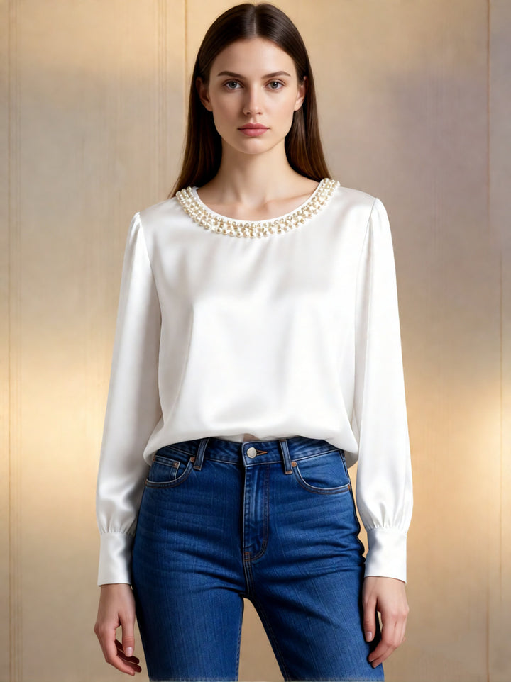 Damen elegante satinierte Bluse mit Perlenkragen Echo Archiv